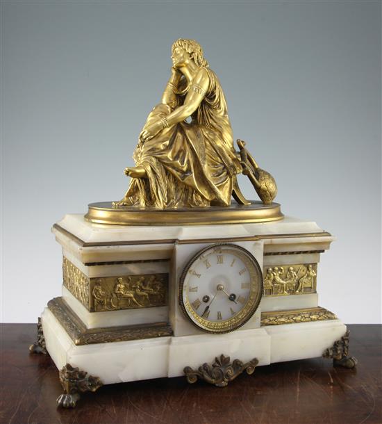 A mid 19th century French ormolu mounted white marble mantel clock, height 17.5in.